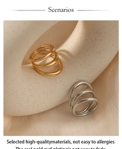 Detail of multi-layer PVD gold-plated stainless steel rings on ceramic display