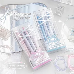 Rosy Posy ballet ribbon gel pen set with 4 pens and ribbons in clear PP gift box