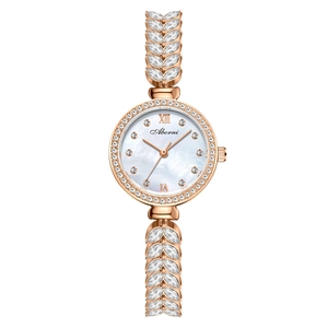Elegant rose gold women's quartz watch with leaf-shaped rhinestone bracelet and pearl dial