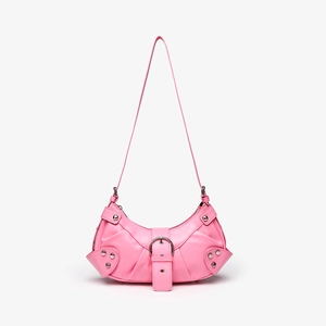 Pink faux leather underarm bag with crocodile texture, metal ring buckles and silver rivets