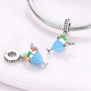 Blue cocktail cup charm and silver snake chain bracelet with heart cutout link