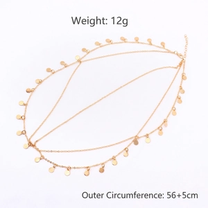 Bohemian gold layered sequin body chain necklace with triple tiers, weight 12g, size 56+5cm