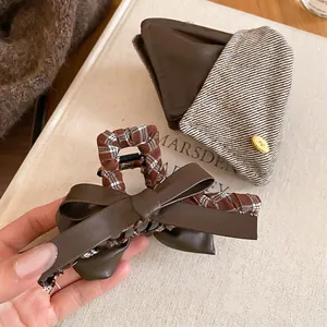 Brown leather and plaid bow hair claw clip for women stylish shark clip hair accessory