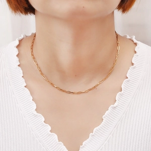 Elegant gold paperclip chain necklace in stainless steel shown on a female model