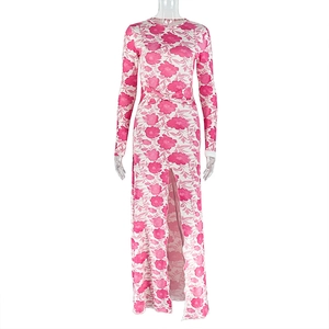 Détail de la fente frontale sur robe longue à imprimé fleuri, taille ajustée et manches