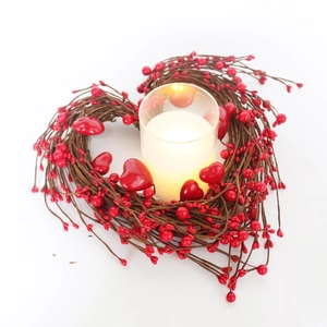 28cm heart-shaped vine wreath with red berries and warm LED candle for wall decor