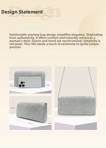 Detailed dimensions of silver glitter evening clutch with chain strap and phone size comparison