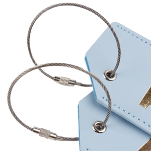 Light blue PU leather luggage tag with steel wire loop and gold decorative details