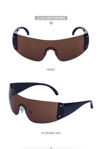 Front and 45-degree side views of silver brown rimless sports sunglasses in Y2K style