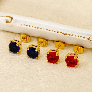Elegant gold-plated stainless steel stud earrings with red and blue zircon stones