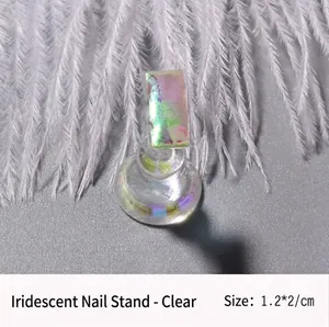 Detail of clear iridescent nail art display stand with acrylic base and dimensions