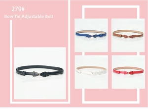 Detail of adjustable waist belts with elegant bow buckles in five classic colors