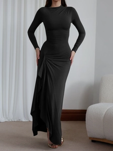 Chic black Y2K long sleeve maxi dress with high neck and side ruching detail