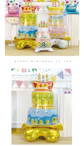 Detailed view of standing multi-layer cake foil balloons with Happy Birthday lettering