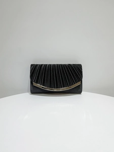 Elegant black pleated evening clutch bag with a silver arched metal trim detail