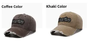Close-up of distressed baseball caps in coffee and khaki with Purist embroidery