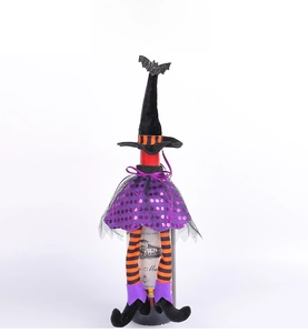 Detail of Halloween witch hat wine bottle cover with purple sequins and striped legs