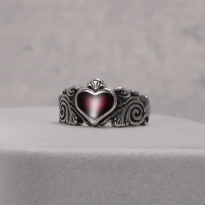 Heart Ring Titanium Steel Red Enamel Gothic Claddagh Style Scrollwork Engraved Jewelry For Women