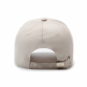 Rear view of a beige cotton baseball cap with adjustable metal buckle and strap