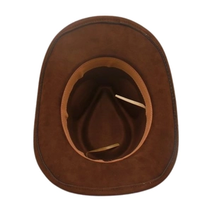 Detail view of the brown suede cowboy hat interior showing the brim stitching and sweatband