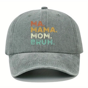 Washed grey baseball cap featuring MA MAMA MOM BRUH text with a vintage distressed finish