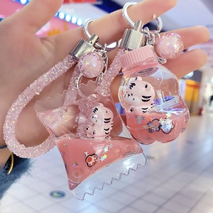 Detailed close-up of pink liquid quicksand tiger keychain in milk bottle shape