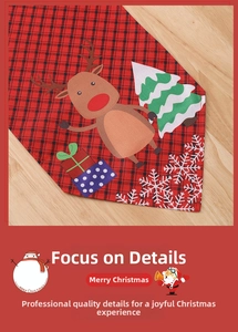 Detail eines rot-schwarz karierten Weihnachts-Tischläufers mit Rentier- und Baumprint