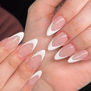 Elegant French Tip Press On Nails White Stiletto False Nails Glossy Nude Base Full Cover Artificial Manicure For Women