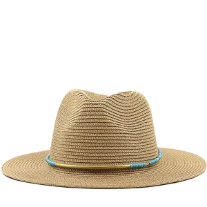 Fedora Straw Hat Woven Breathable Sunshade Summer Beach Outdoor Vacation Bohemian Bead Decor For Men Women