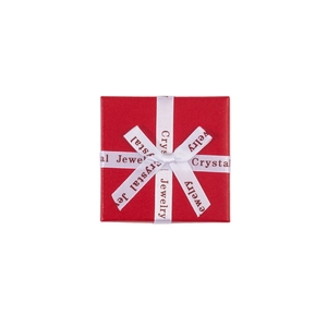Elegant red square jewelry gift box with a printed white ribbon bow on white background