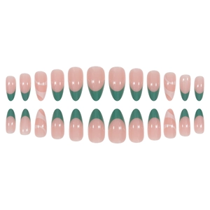24 faux ongles amande avec french manucure verte et motif marbre blanc