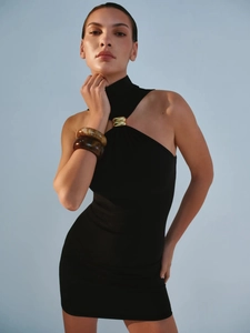 Women Sleeveless Halter Neck Bodycon Mini Dress High Waist Solid Color With Metal Ring Buckle Sexy Clubwear Party Outfit