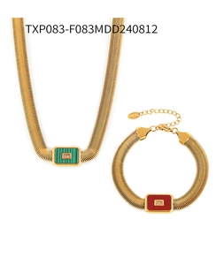 Detail of gold titanium steel jewelry set featuring colorful enamel and zircon stones