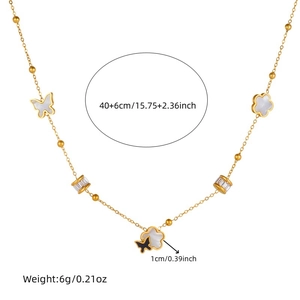 Gold stainless steel necklace with butterfly and flower pendants on white background