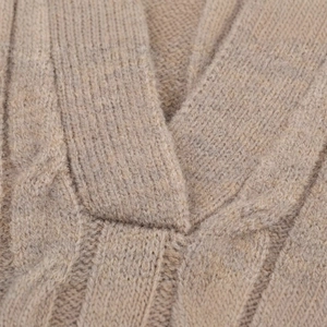 Chic khaki V-neck knitted sweater with textured cable knit and soft ribbed neckline detail