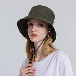 Chapeau de soleil vert armée pour le sport de plein air avec corde coupe-vent réglable