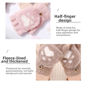 Detail of pink knitted cat paw gloves showing mink fur texture and plush warm lining