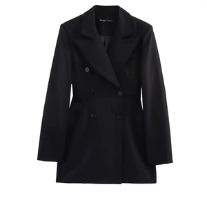 Women Black Double-Breasted Blazer Jacket Shoulder Pads Long Sleeve Lapel Satin Professional Elegant Office Outerwear