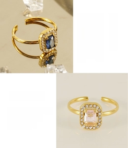 Detailed view of adjustable stainless steel rings with square crystals and 18K gold plating