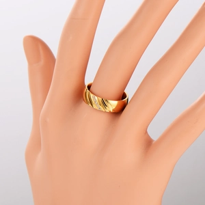 Fashionable gold plated stainless steel ring with striped texture and sparkling zircons