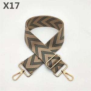 Close-up of high-density canvas bag strap with black and gray V-pattern and gold hooks