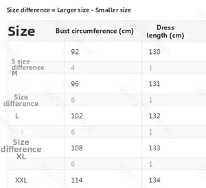 Size chart detail for sleeveless dress showing bust and length measurements in centimeters