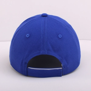 Rear view of royal blue kids' baseball cap showing twill cotton and velcro strap closure