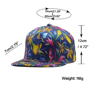 Flat brim snapback hat with tropical floral pattern and size dimensions displayed