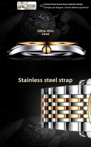 Detail of slim case and two-tone steel band on professional dual calendar mens watch