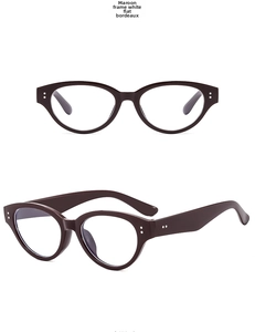 Detail view of Bordeaux cat eye glasses frames with elegant double dot metal accents
