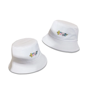 White canvas bucket hats with colorful LOVE embroidery and cute cartoon star patterns