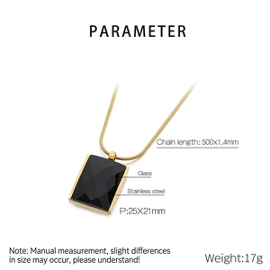 Detail of square black glass pendant with gold stainless steel snake chain and dimensions
