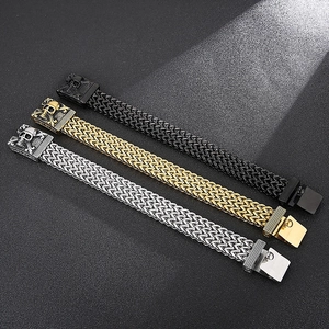 Men's punk style braided stainless steel bracelets with skull charms in black, gold, and silver