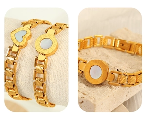 Detail of 18K gold-plated bracelets featuring mother-of-pearl and Roman numerals